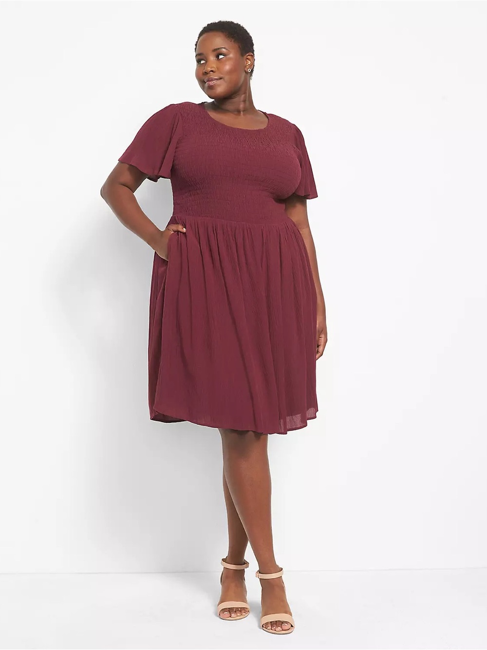 Flutter-Sleeve Smocked Fit & Flare‎ Dress With Keyhole Back Size 22/24
